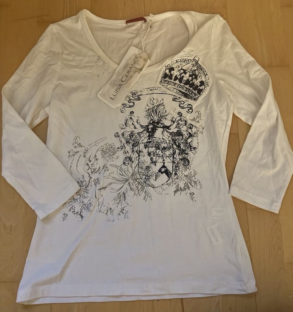 NWT Luisa Cerano V Neck Beaded White Graphic Top Gray Sz 8
